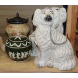 A pair of Staffordshire dogs, a Spode teapot and two other pieces