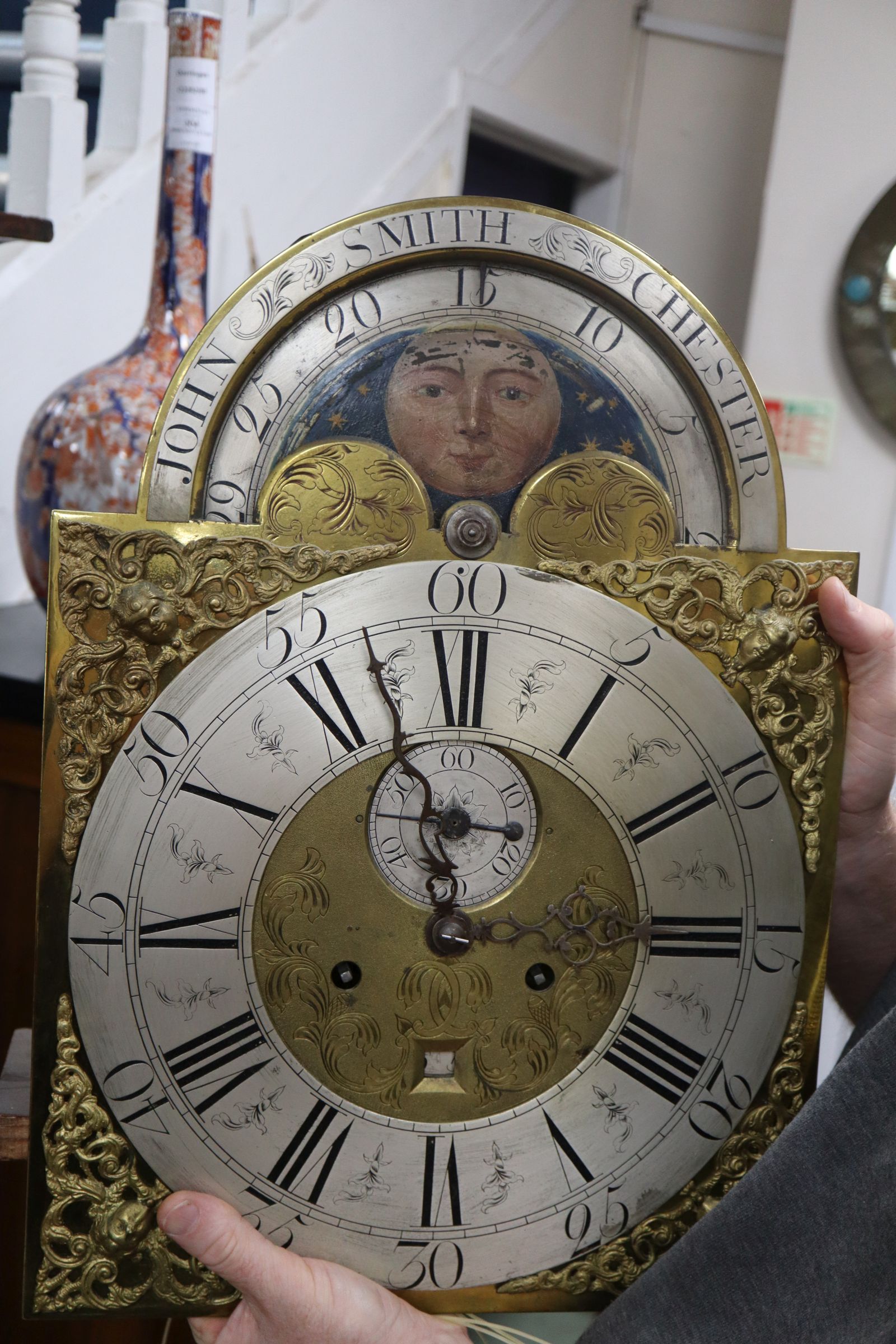 An 18th century oak 8 day longcase clock, with moonphase dial by John Smith, Chester H.approx. - Image 8 of 11