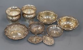 A pair of small silver vases, a pair of silver bonbon dishes, a pair of small silver basket and