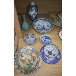 Two Persian Chinese enamel bowls and saucer, a blue and white vase, another plate and a dish
