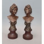 A pair of Spelter Art Nouveau busts, on wooden stands, signed F. Gual