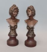 A pair of Spelter Art Nouveau busts, on wooden stands, signed F. Gual