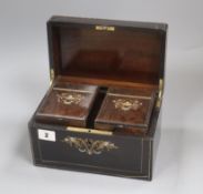 A Victorian brass and mother of pearl inlaid coromandel tea caddy, length 22.5cm