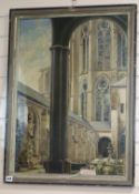 Modern British, oil on board, Study of a cathedral, 73 x 52cm