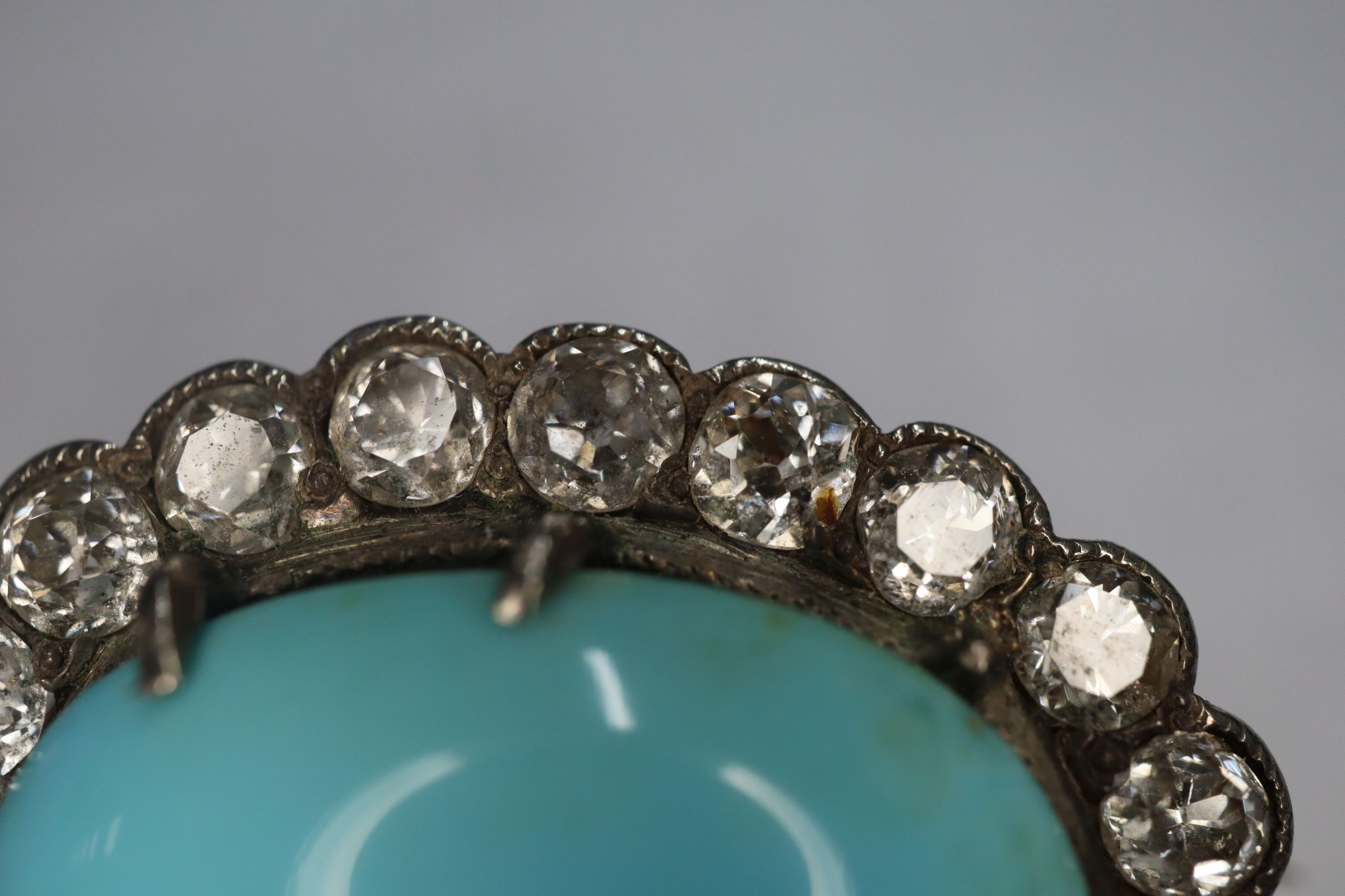 A Victorian yellow metal brooch, with oval turquoise cabochon surrounded by old-cut diamonds, 23mm. - Image 4 of 8