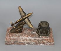 A Novelty patinated spelter 'aeroplane' inkstand