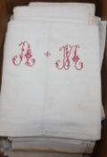 Seven French Provincial linen sheets, embroidered with monograms