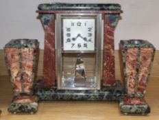 An Art Deco rouge marble and chrome clock garniture height 33cm