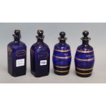 Four Regency or William IV gilt titled spirit decanters - Brandy, Two Hollands and Rum