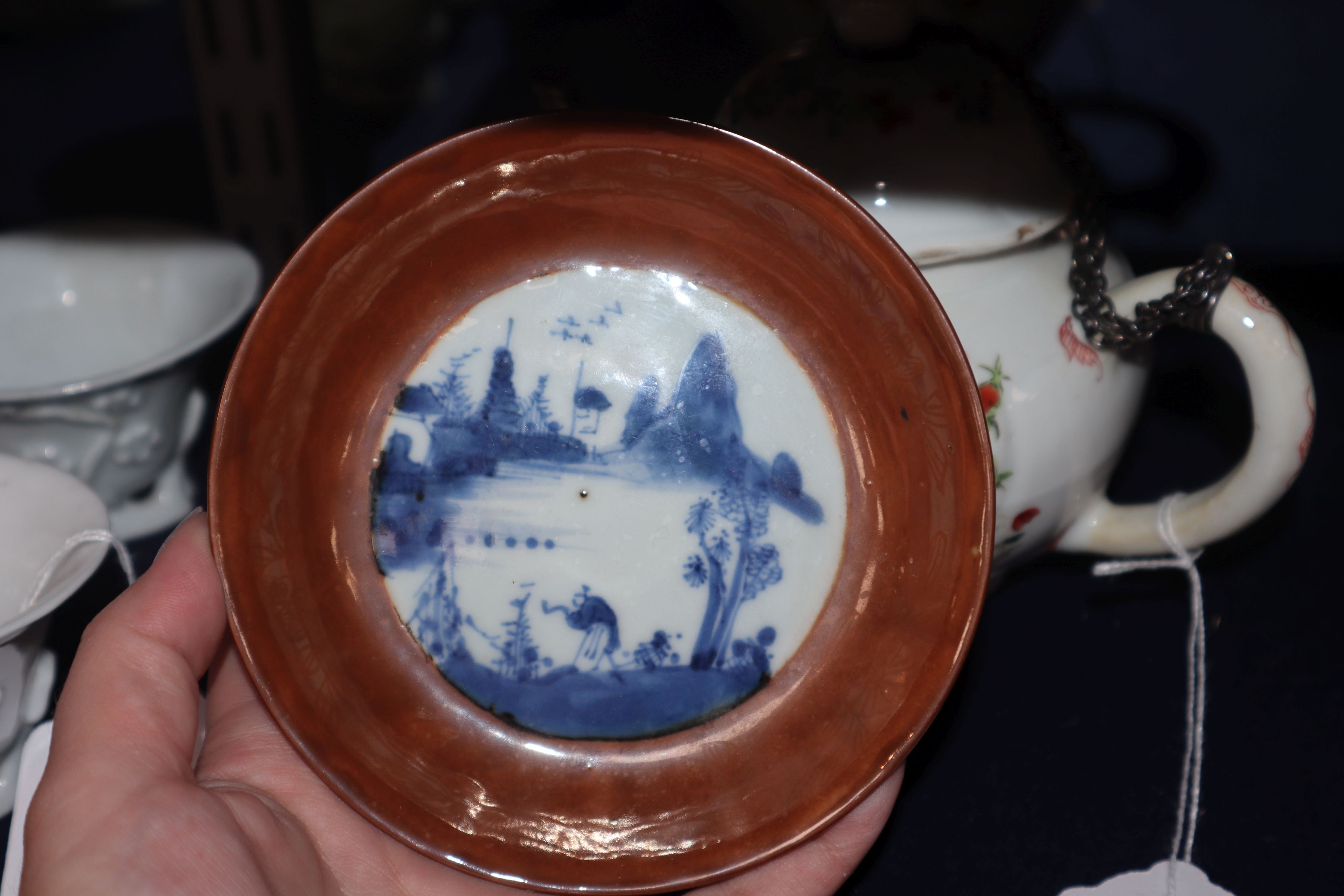 A Chinese famille rose teapot and cover, Qianlong, metal repair to spout, and a Batavia saucer - Image 2 of 9