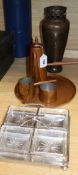 A copper four piece coffee set, a silver plated serving dish and a vase