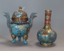 A 19th century Chinese cloisonne enamel tripod censer and cover and a bottle vase tallest 17cm