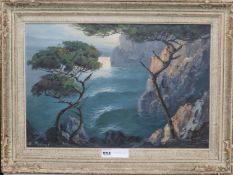 E. Perrat, oil on canvas, Mediterranean coastal landscape, signed, 36 x 54cm