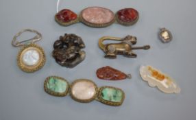 Two Chinese hardstone mounted belt buckles, other carvings and a bronze 'lion' lock