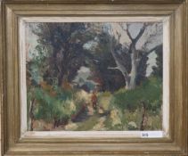 Ronald Ossory Dunlop (1874-1973), oil on canvas, Path to the downs, Leger & Son Exhibition label