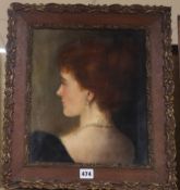 English School c.1900, oil on canvas, Portrait of a lady wearing a pearl necklace, 33 x 28cm