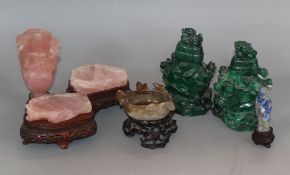 A pair of Chinese malachite vases, covers with rose quartz stands, a lapis lazuli figure, etc