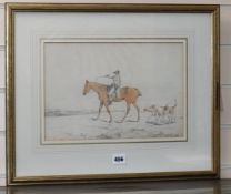 Attributed to Henry Alken, pencil and watercolour, Huntsman and hounds, 23 x 34cm