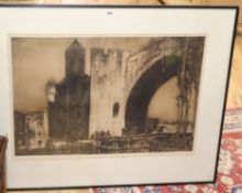 Frank Brangwyn, etching, The Valentre Bridge, Cahors, signed in pencil, 57 x 83cm