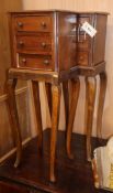 A pair of mahogany chests, each with three short drawers, on stands and squared angled cabriole legs