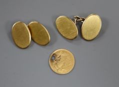 A pair of 18ct gold oval cufflinks and a USA 1856 gold one dollar piece (Liberty head type 2,