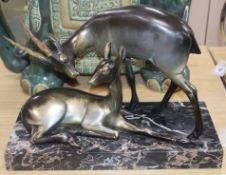 An Art Deco bronze deer group on marble base 28cm