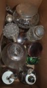 A quantity of assorted silver mounted items including scent bottles, toilet jars condiment bottles