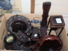 A group of Chinese wood stands including a dish stand