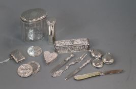 A Victorian silver travelling shaving brush and other small silver including, vesta case,pill box,