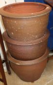 Three glazed pottery garden planters Diameter 40cm