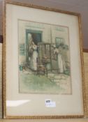 Sybil Tawse (fl.1900-1940) watercolour, ' Women warming a Sedan chair seat', signed, 34 x 28cm