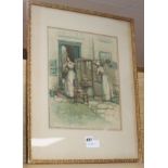 Sybil Tawse (fl.1900-1940) watercolour, ' Women warming a Sedan chair seat', signed, 34 x 28cm