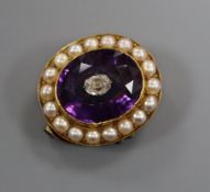 A Victorian yellow metal, split pearl, diamond and amethyst oval pendant brooch, 24mm.