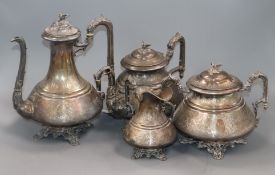 A French engraved white metal four piece tea and coffee service, gross 70 oz.