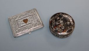 A filigree work cigarette case, a tortoiseshell and silver inlaid box and a mother of pearl card