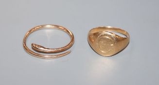An 18ct gold signet ring and a yellow metal serpent ring.