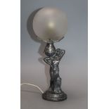 A French Art Deco figural table lamp with frosted spherical shade height 27.5cm