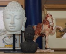 A Thai head, a Chinese pottery horse and a bust