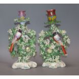 A pair of Derby porcelain chambersticks, the stems modelled with birds amongst bocage height 25.