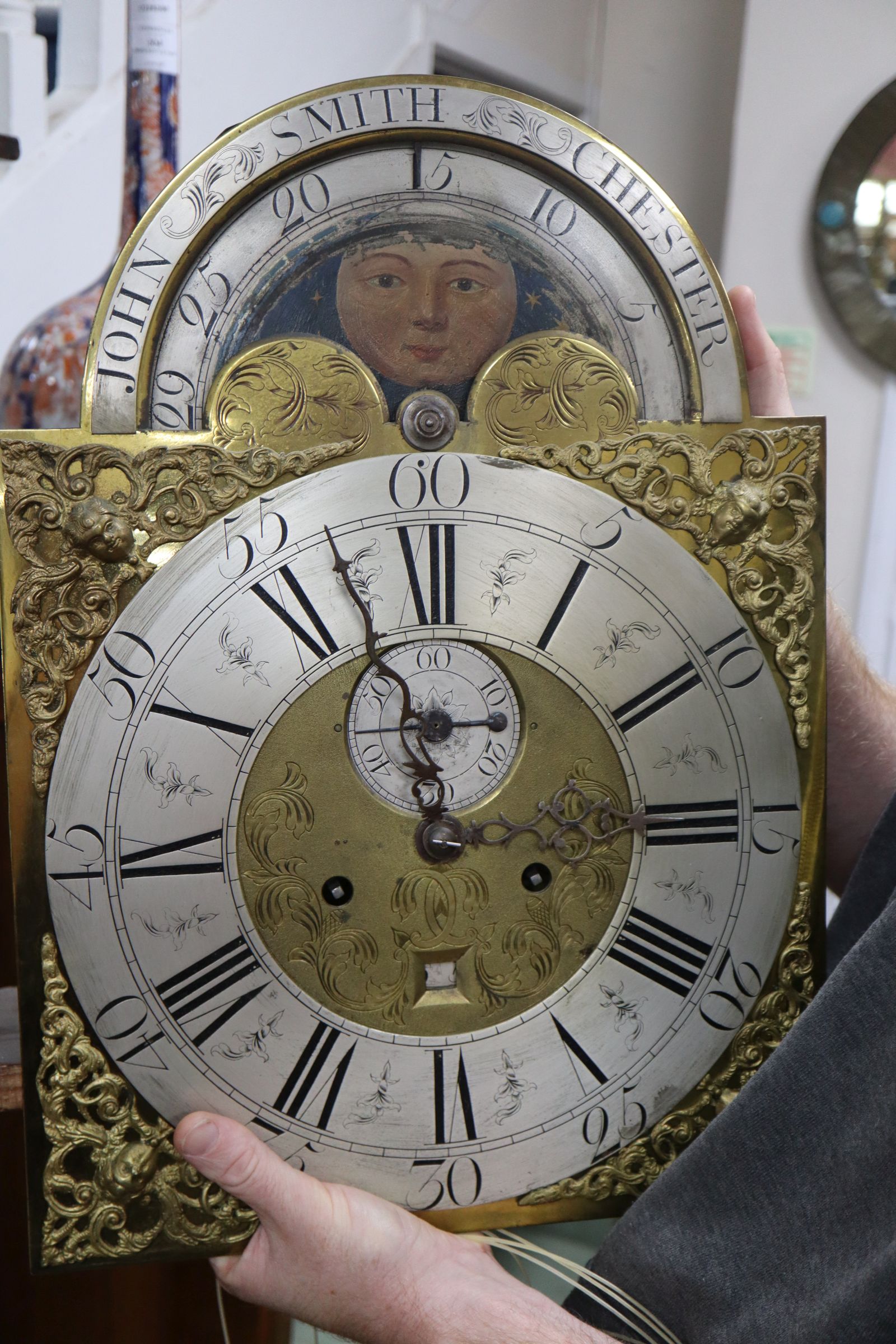 An 18th century oak 8 day longcase clock, with moonphase dial by John Smith, Chester H.approx. - Image 9 of 11