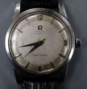 A gentleman's 1950's stainless steel Omega Seamaster automatic wrist watch, on associated leather