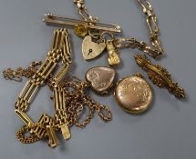 A 15ct yellow metal gatelink bracelet, a 9ct gold bracelet, two lockets, both on 9ct chains and