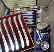 Assorted small silver, including a pair of George III sauce ladles, cased sets, minor flatware etc.