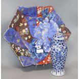 A Japanese dish by Fukugawa and a Chinese blue and white vase and cover