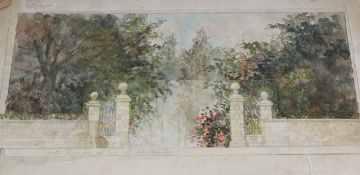 In the manner of Humphry Repton - scale watercolour - Garden and garden wall