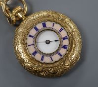 A Victorian 18ct engraved gold and enamel half hunter fob watch, on 18ct and plat albert chain.