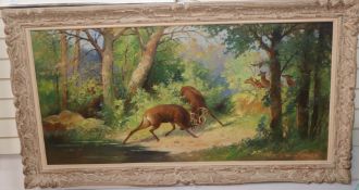 A. Neauville, oil on canvas, Stags rutting in springtime, signed, 70 x 140cm