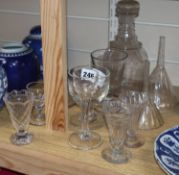 18th century glassware comprising a cordial glass, two jellies wine funnels, a rummer, etc.