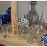 18th century glassware comprising a cordial glass, two jellies wine funnels, a rummer, etc.