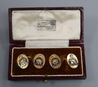 A cased pair of George V 9ct gold and enamel military 'Trans Jordan Frontier Force' cufflinks, gross